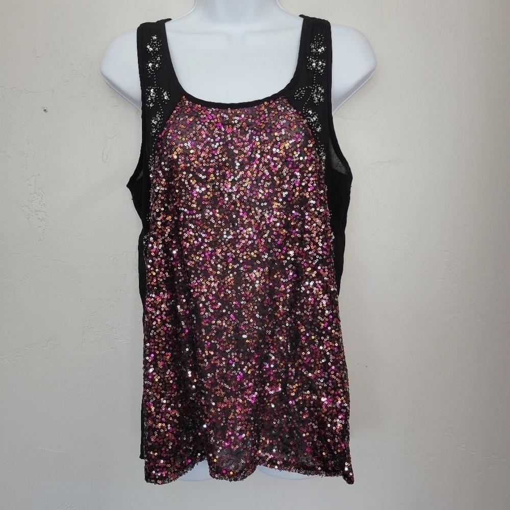 BKE Boutique Women's Medium Black Sequin Beaded Tank Top Blouse Pink Orange